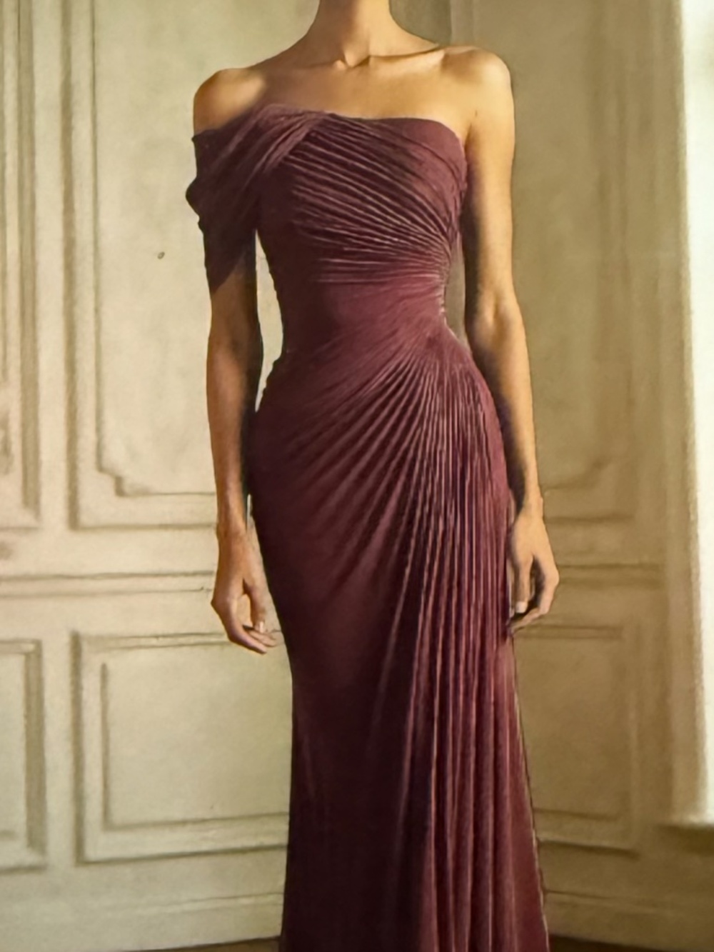 Burgundy one shoulder ruched formal gown